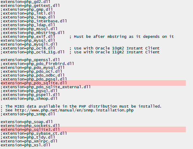 Редактирование php.ini для PDO SQLite